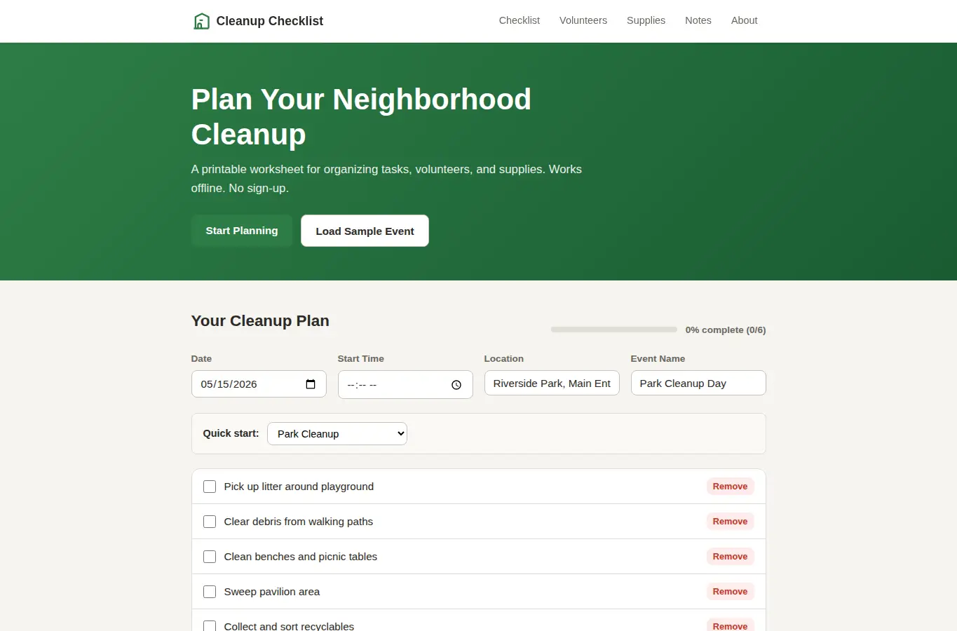 Screenshot of Neighborhood Cleanup Checklist interface showing the project page in use